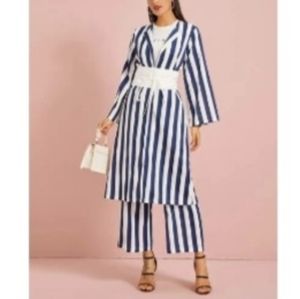 Navy White Striped Longline Coat & Pants Set Size Large